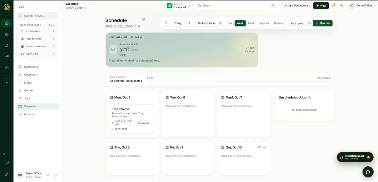 TreeOS weekly calendar with weather, crew capacity, a tree removal job, and unscheduled jobs